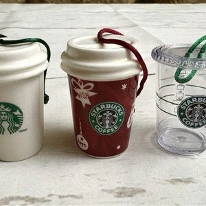 3 Starbucks Mini Coffee Cup Ornaments - Ceramic And Plastic Holiday Christmas